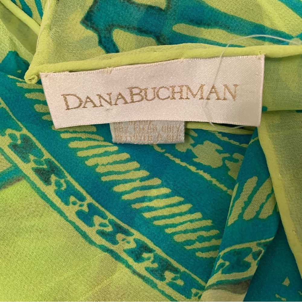 DANA BUCHMAN Silk Scarf shawl Bird of Paradise  Green blue 42” x 42” - Picture 4 of 6